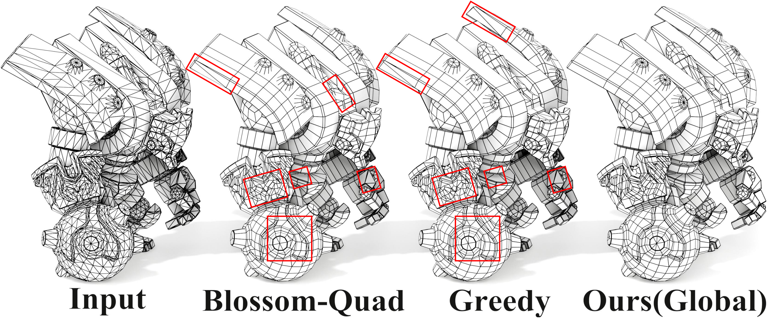 Comparison of input, Blossom-Quad, greedy, and global operator results